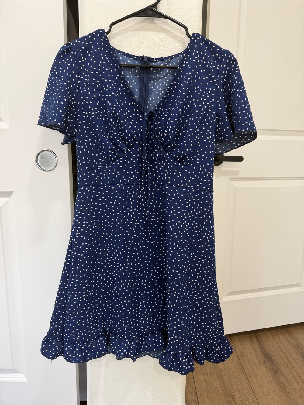 Navy Polka Dot Tie-Front Mini Dress